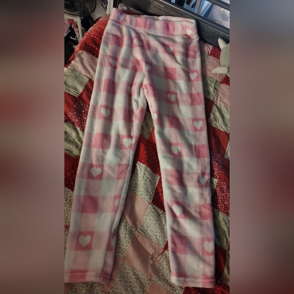 Pink PJ pants kids large, brown zip up jacket kids large